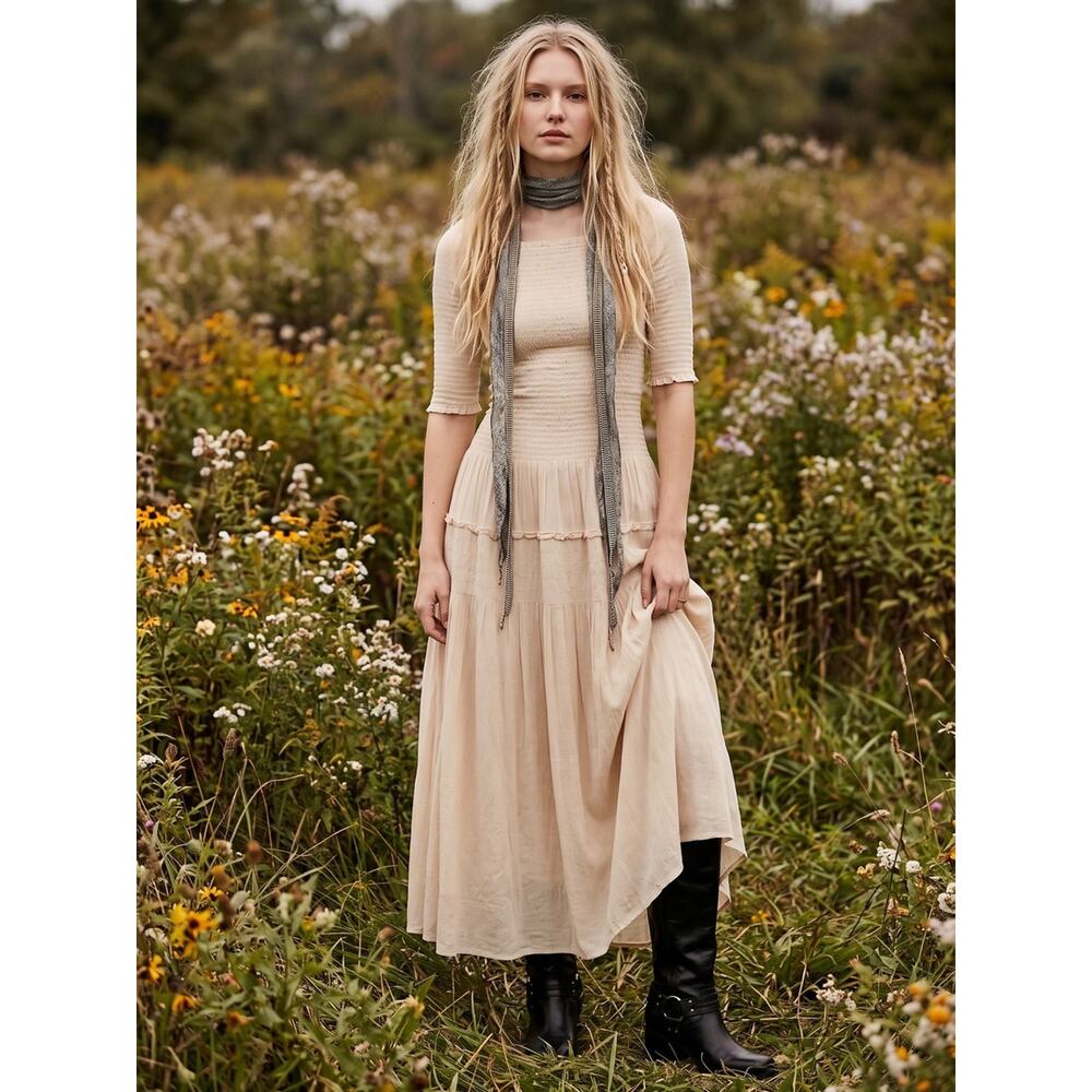 Free People Retro 90s Harlyn Smocked Classic Midi Dress Neutral Cream Large NWT
